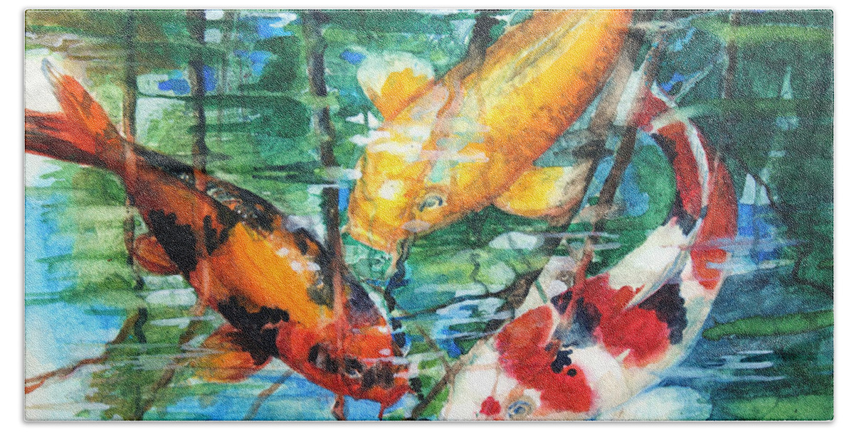 Koi Hand Towel featuring the painting November Koi by Patricia Allingham Carlson