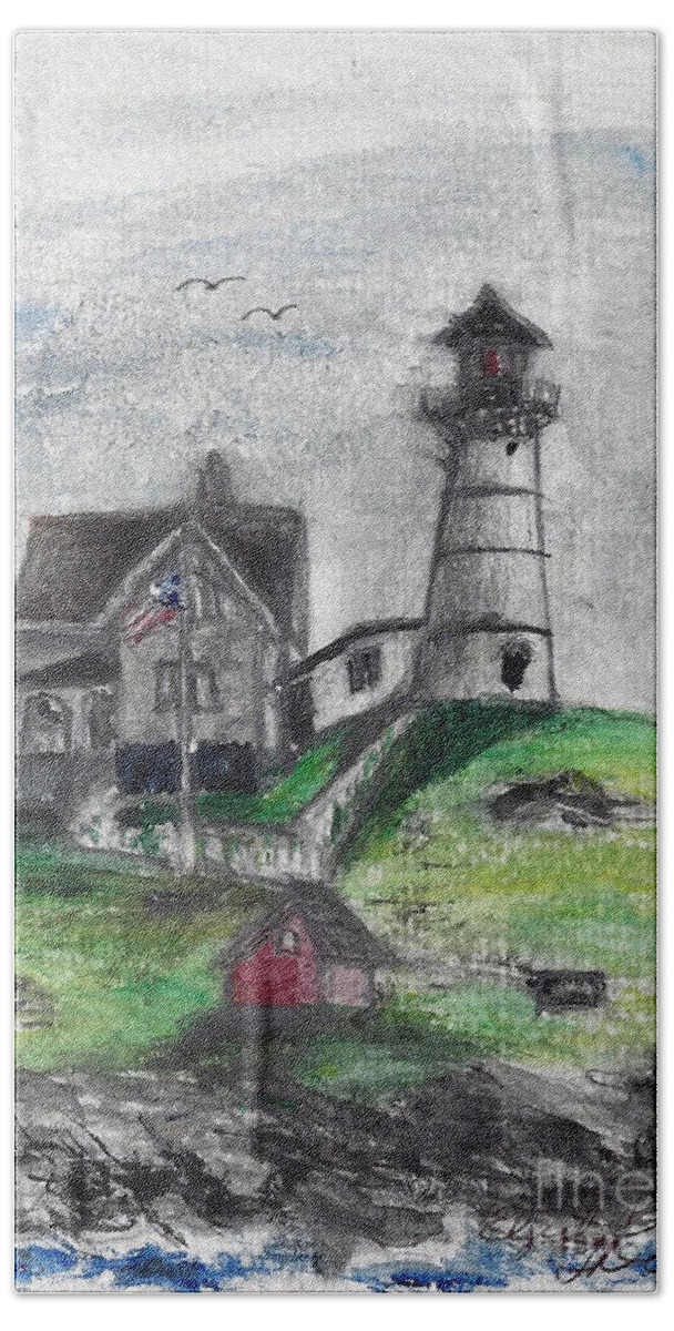 Lighthouse Bath Sheet featuring the painting Nubble Lighthouse by Elizabeth Harshman