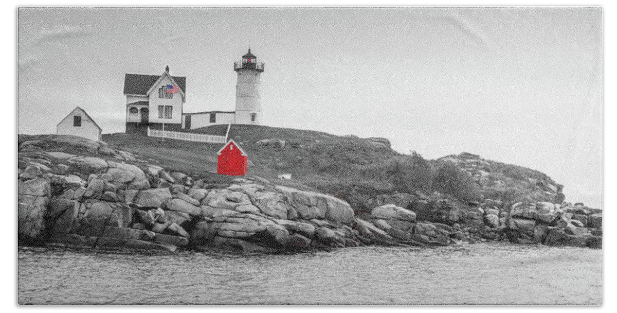 Nubble Lighthouse Hand Towel featuring the photograph Nubble Lighthouse in color and black and white by Doug Camara
