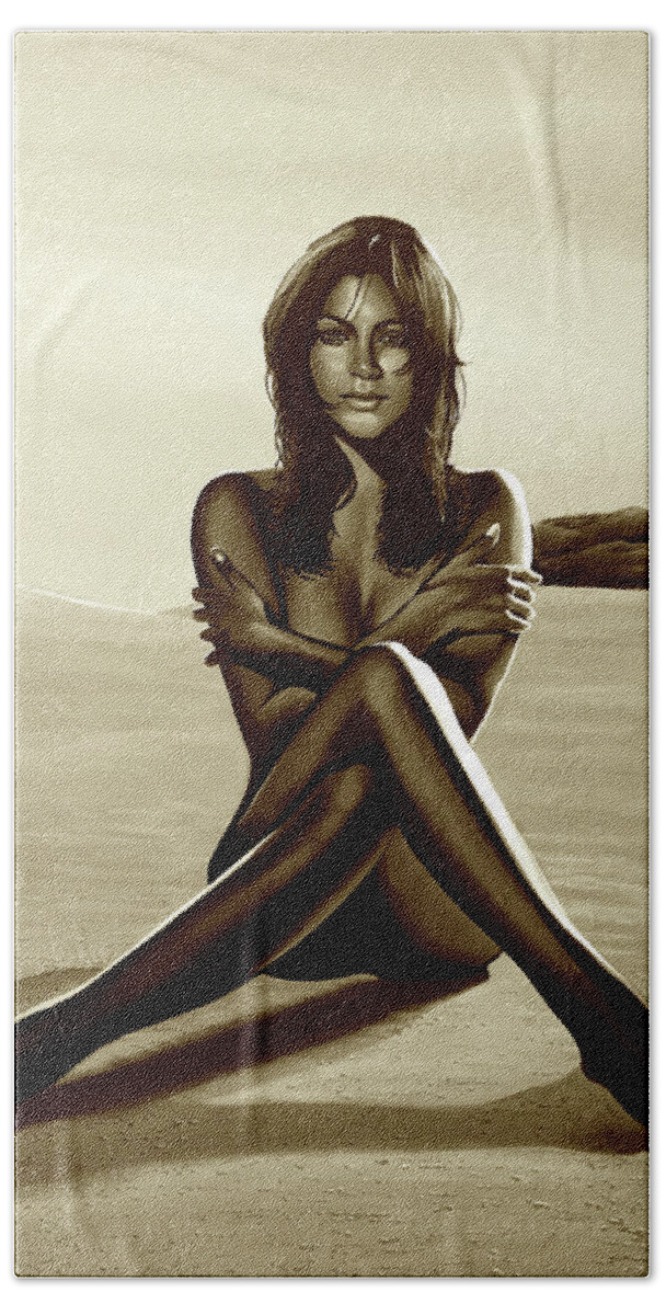 Nude Hand Towel featuring the mixed media Nude Beach Beauty Sepia by Paul Meijering