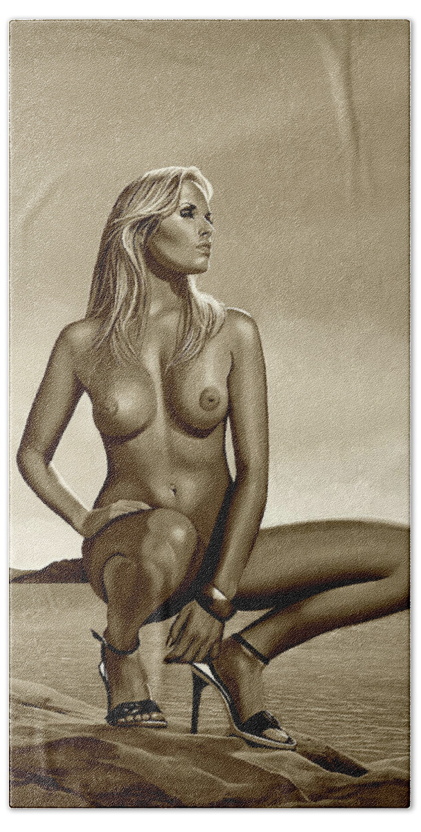 Nude Woman Hand Towel featuring the mixed media Nude Blond Beauty Sepia by Paul Meijering
