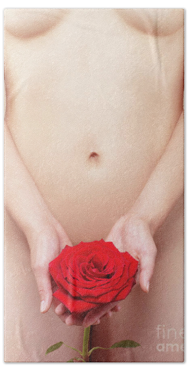 Nude Hand Towel featuring the photograph Nude Woman with a Red Rose by Maxim Images Exquisite Prints