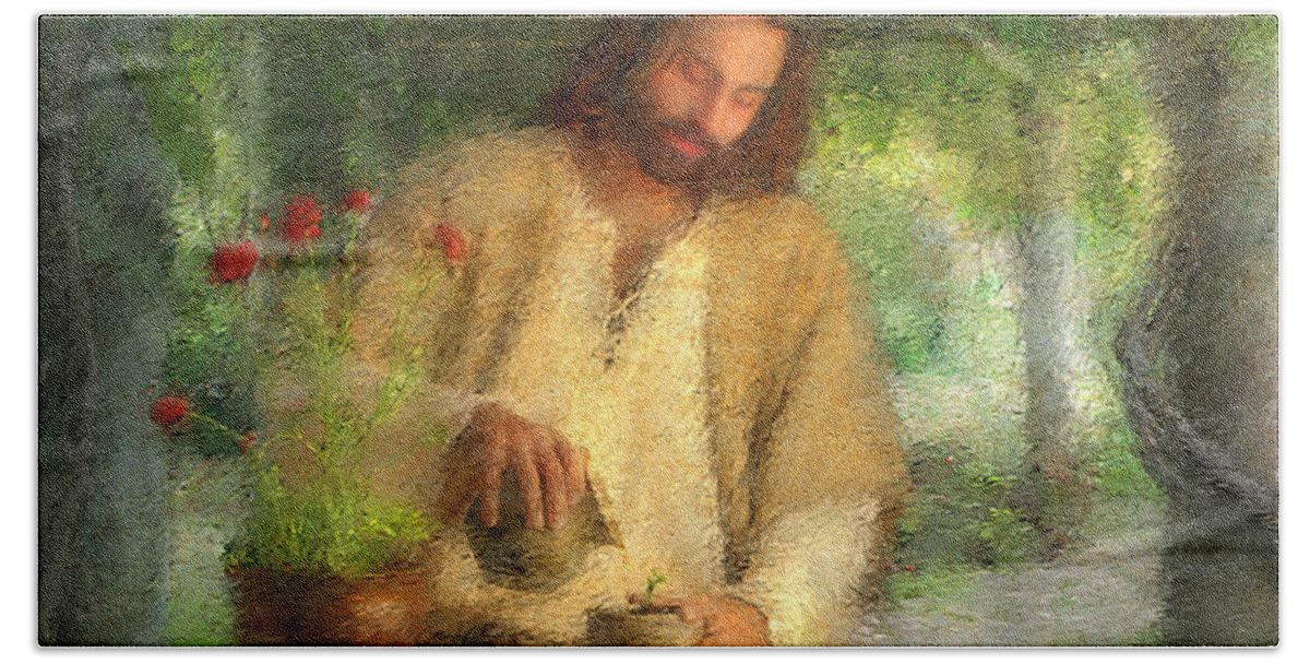 Jesus Bath Sheet featuring the painting Nurtured by the Word by Greg Olsen
