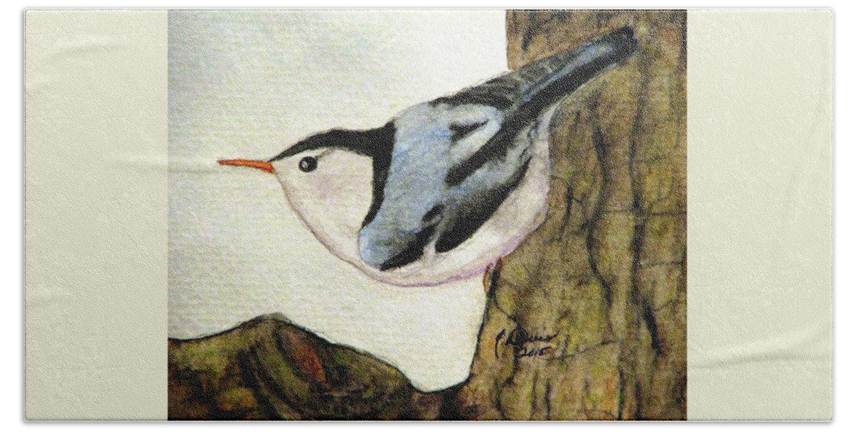 Nuthatches Bath Towel featuring the painting Nuthatch by Angela Davies