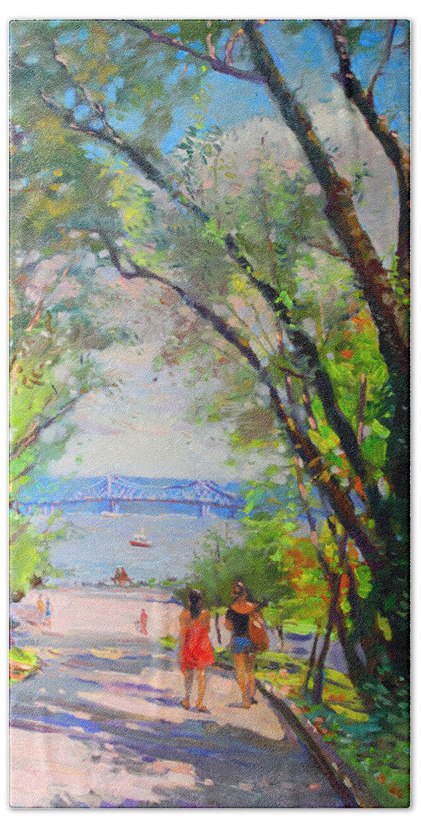 Nyack Park Hand Towel featuring the painting Nyack Park a Beautiful Day for a Walk by Ylli Haruni