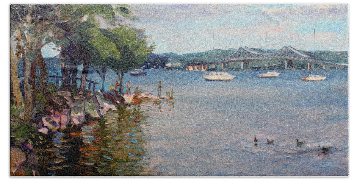 Nyack Park Ny Hand Towel featuring the painting Nyack Park by Hudson River by Ylli Haruni