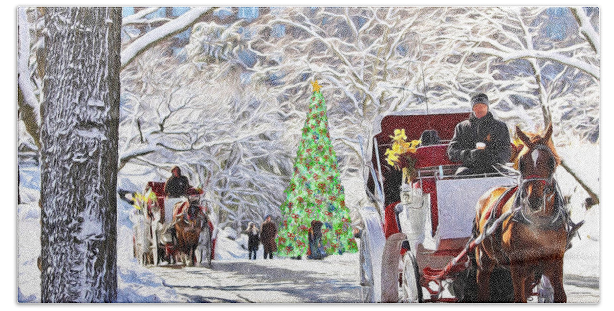 Carriage Rides Bath Towel featuring the photograph Festive Winter Carriage Rides by Sandi OReilly