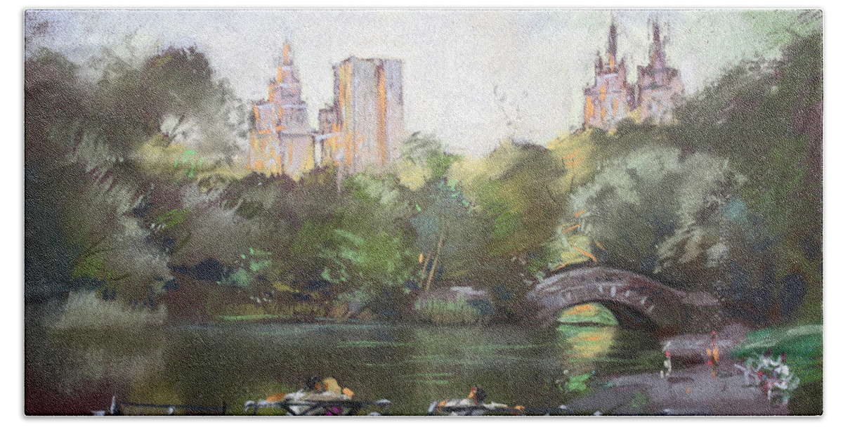Ny City Bath Towel featuring the pastel NYC Resting in Central Park by Ylli Haruni