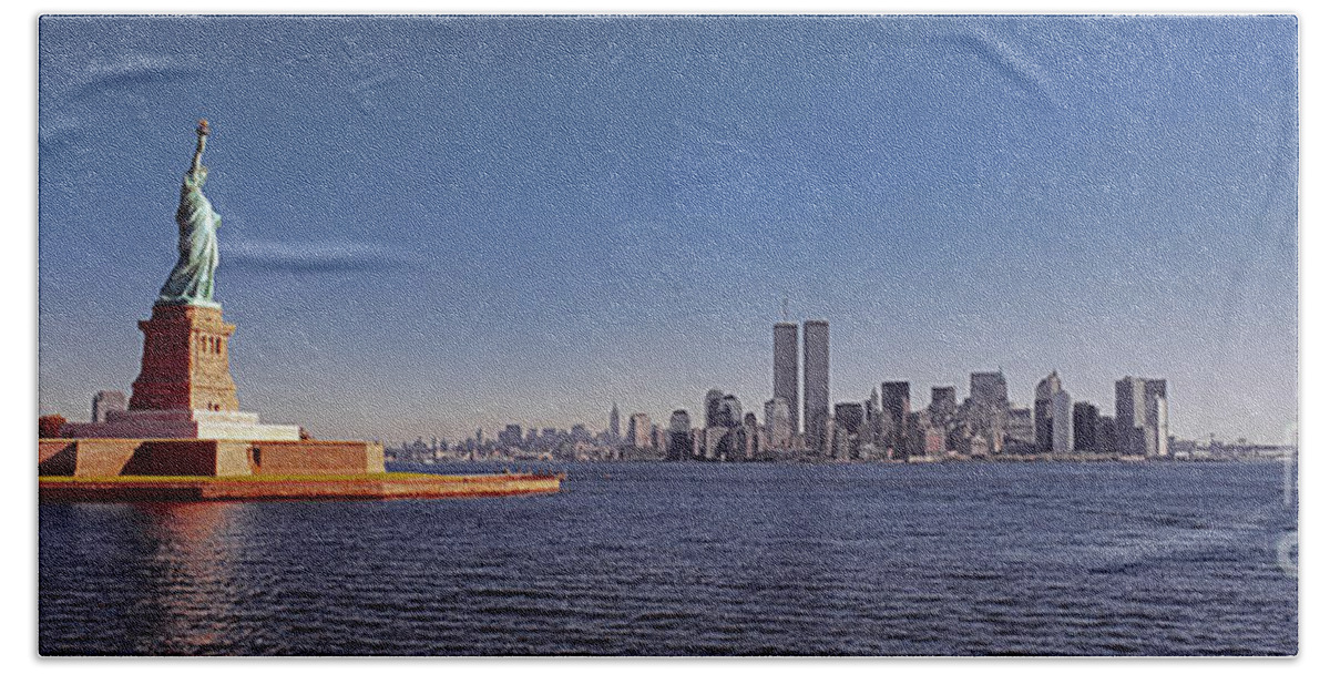 New Bath Towel featuring the photograph New, York, City, skyline, twin, towers, statue of liberty by Tom Jelen