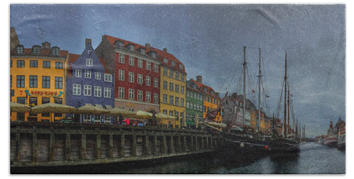 Nyhavn Hand Towel featuring the mixed media Nyhavn Panoramic by Linda Woods