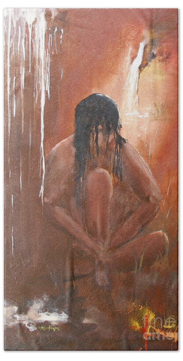 Nymph Figure Woman Man Waterfall Abstract Bath Towel featuring the painting Nymph by Miroslaw Chelchowski