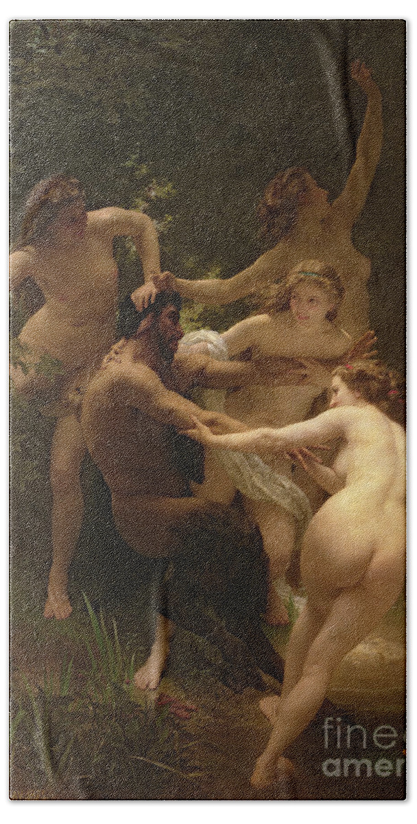 Nymphs And Satyr Bath Towel featuring the painting Nymphs and Satyr by William Adolphe Bouguereau