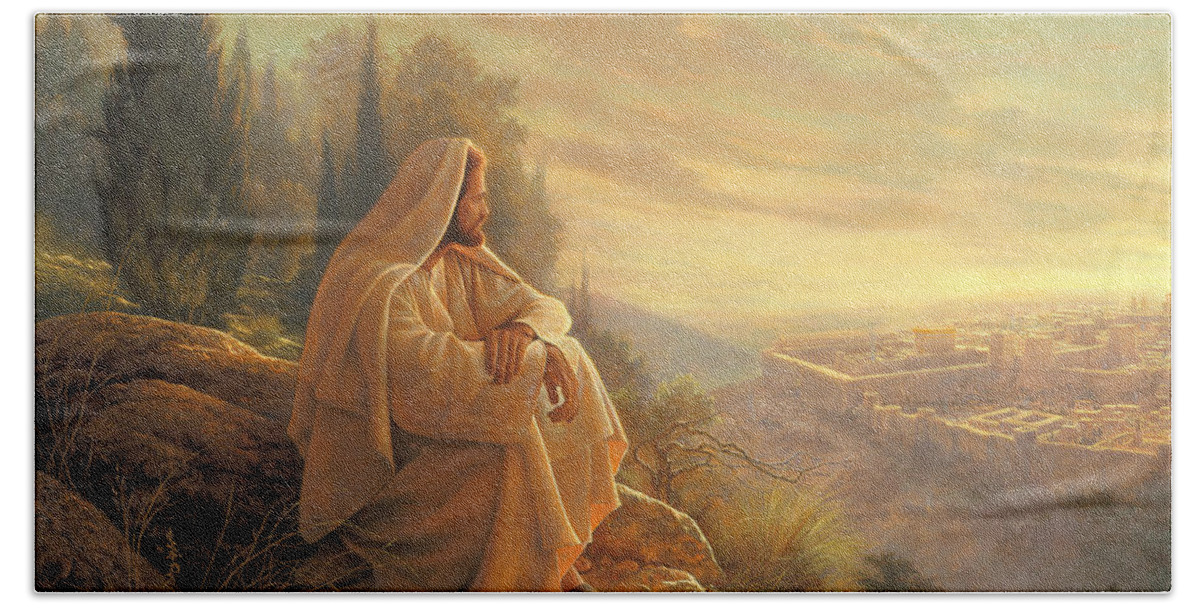 Esus Bath Sheet featuring the painting O Jerusalem by Greg Olsen