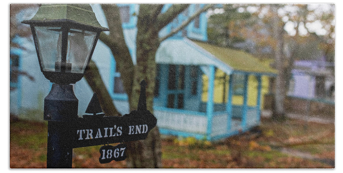Oak Bath Towel featuring the photograph Oak Bluffs Cottages Trail's End Sign Lat Autumn Fall Martha's Vineyard Cape Cod by Toby McGuire