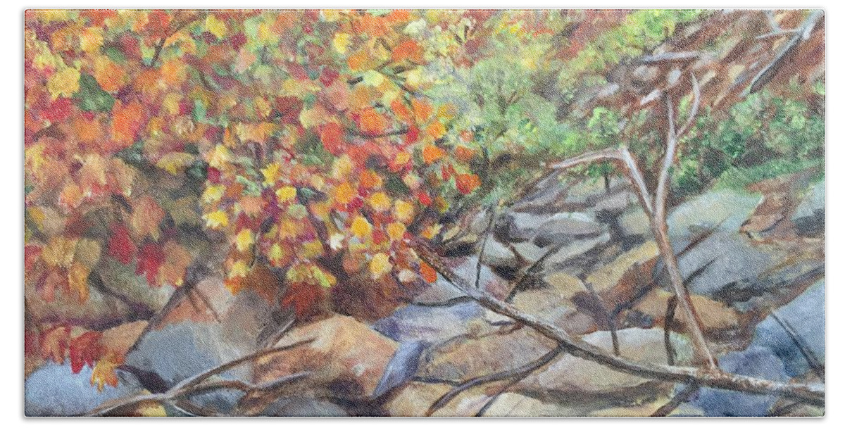 Fall Is In The Canyon With Its Purples Bath Towel featuring the painting Oak Creek Canyon by Charme Curtin