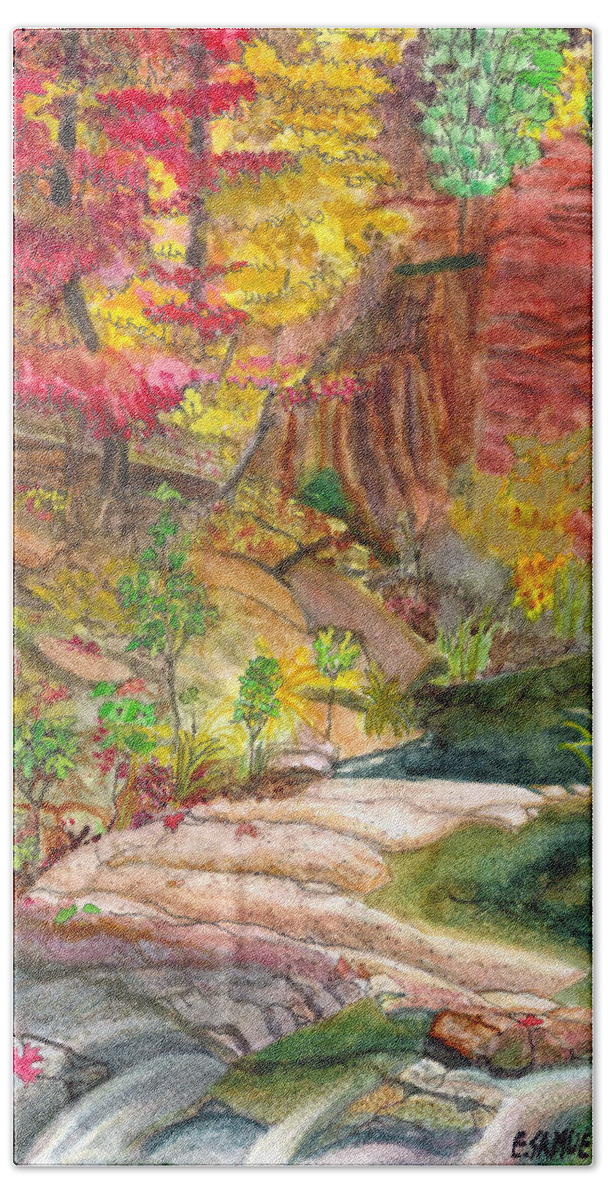 Red Maple Hand Towel featuring the painting Oak Creek West Fork by Eric Samuelson