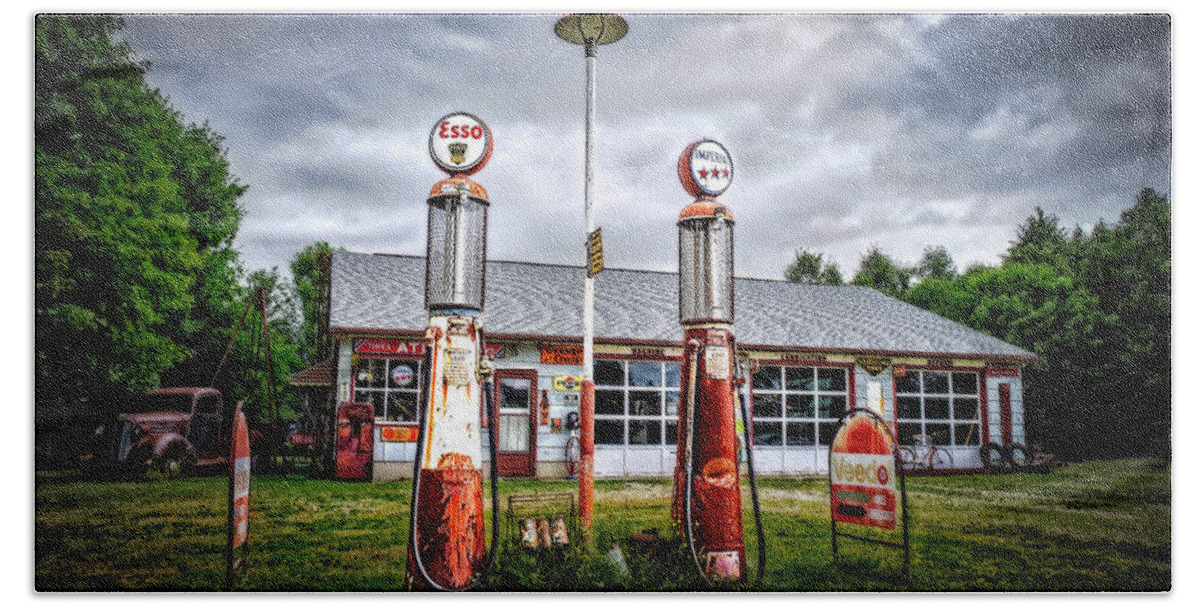 Car Photograph Junk Rust Classic Car Photographer Best Car Photography Automotive Transportation Car Photos Abstract Car Detail Vintage Drag Cars Collector Cars Emblems Car Emblem Signs Neon Buildings Hand Towel featuring the photograph Oakdale Station by Jerry Golab