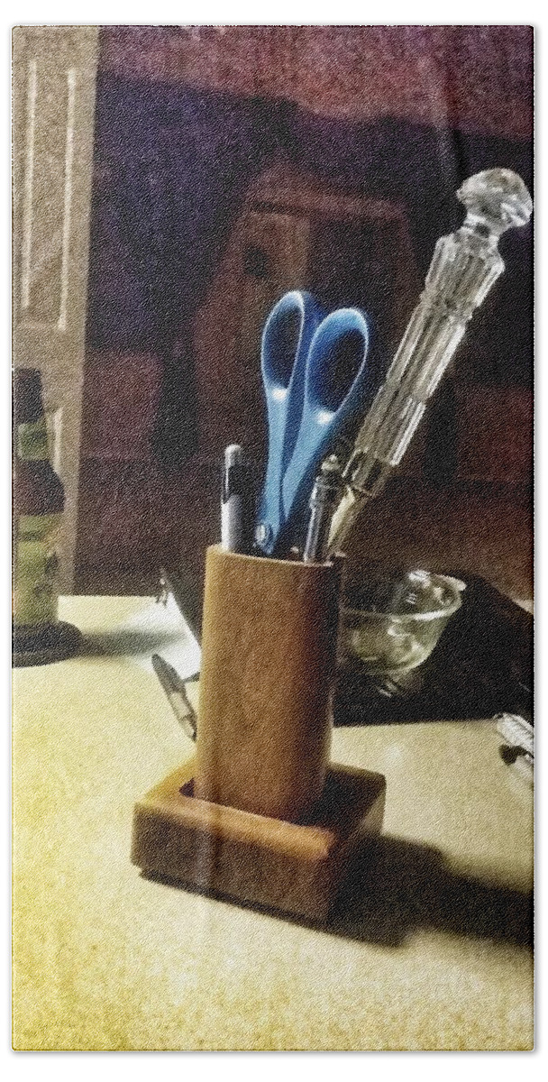 Letter Opener Bath Towel featuring the photograph Objects on a Desk by Joe Kozlowski