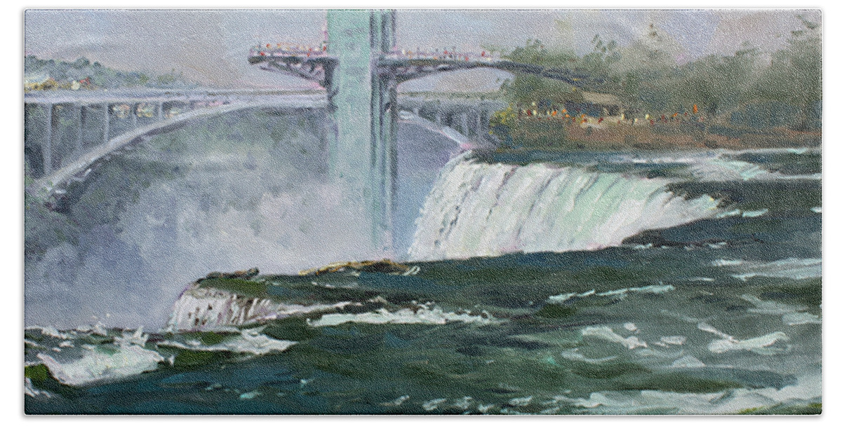 Observation Tower Hand Towel featuring the painting Observation Tower in Niagara Falls by Ylli Haruni