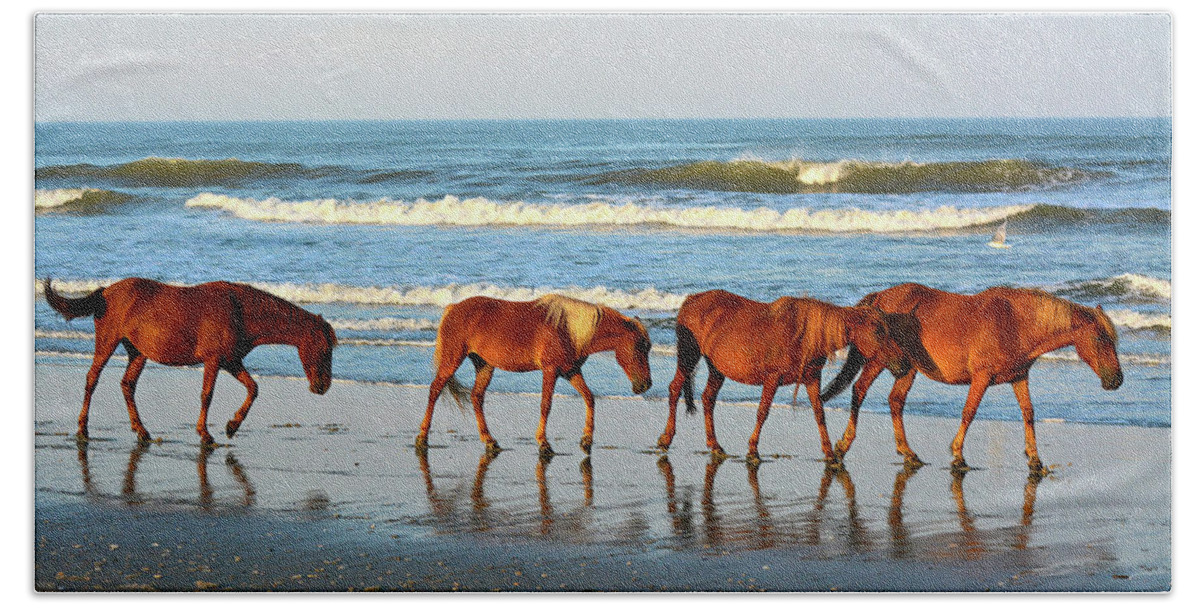 Mustangs Hand Towel featuring the photograph OBX Wild Horses by Don Mercer