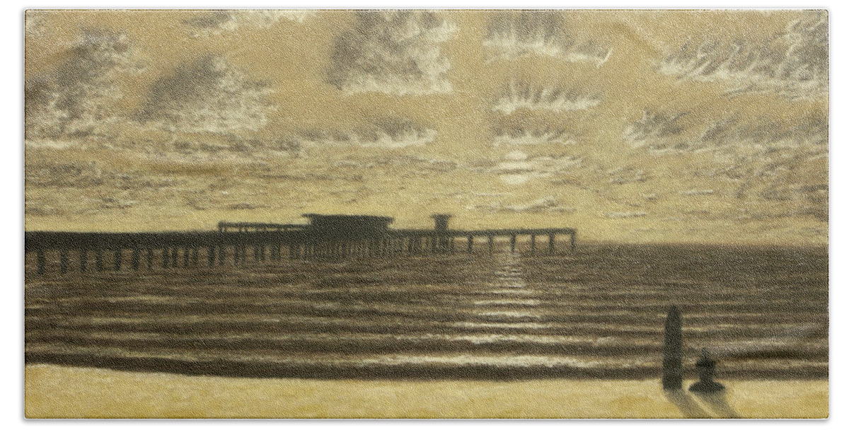 Ocean Bath Towel featuring the pastel Ocean Beach Pier Sunset 01 by Michael Heikkinen