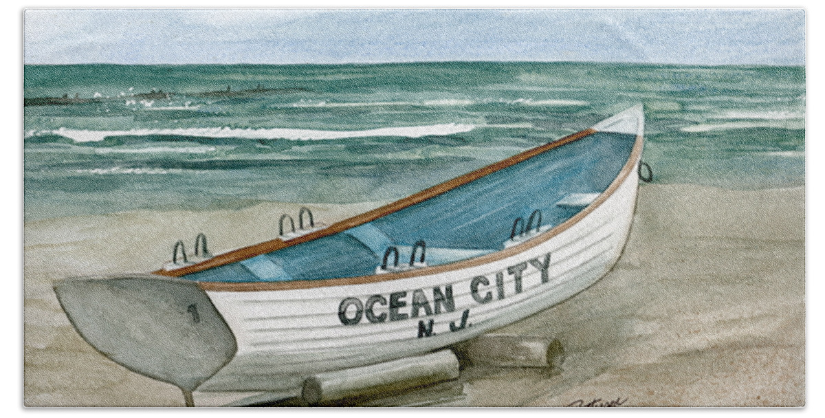 Ocean City Hand Towel featuring the painting Ocean City Lifeguard Boat by Nancy Patterson