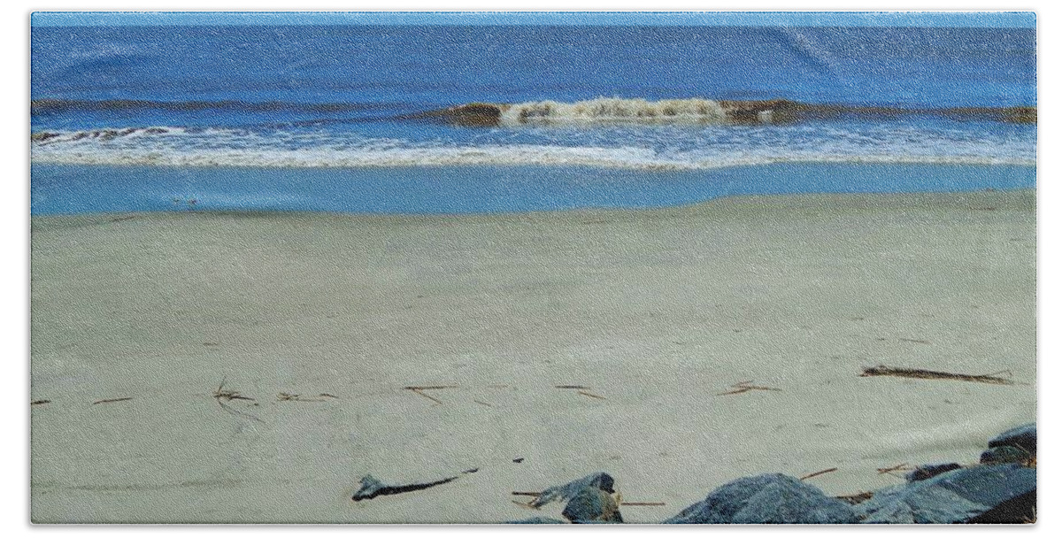 Ocean Sea Beach Waves Sand Rocks Landscape Seascape Nature Sky Blue Horizon Sand Bath Towel featuring the photograph Rocks And Beyond by Jan Gelders