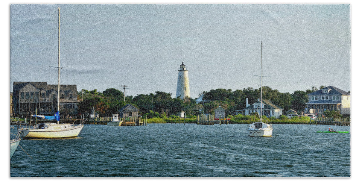 Ocracoke Hand Towel featuring the photograph Ocracoke Island Lighthouse from Silver Lake by Brendan Reals