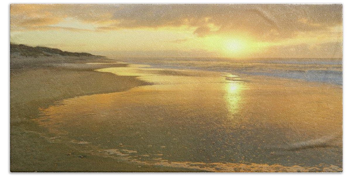 Sunrise Nature Landscape Beach Shoreline Ocean Water Waves Clouds Sun Outer Banks North Carolina Ocracoke Island Atlantic Ocean Hand Towel featuring the photograph Ocracoke Sunrise by Jeff Burcher