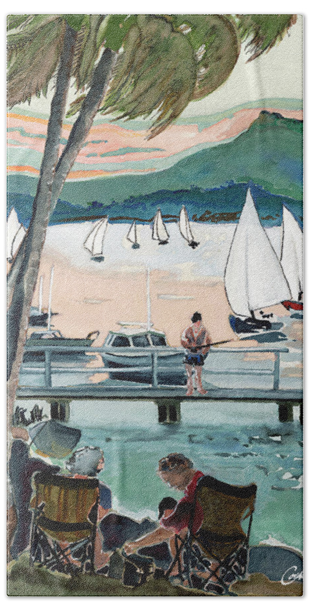 Seascape River Estuary Yachting Fishing Noosa Australia Sunshine Coast Sunset Subtropical Hand Towel featuring the painting October Evening, Noosa River by Joan Cordell