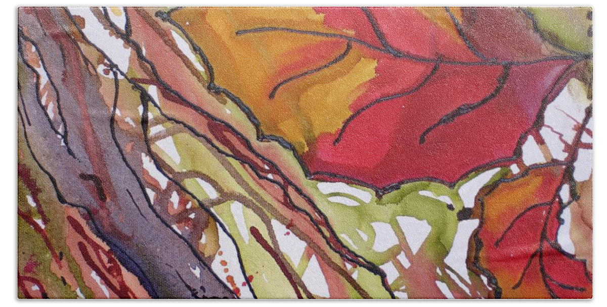 Leaf Hand Towel featuring the mixed media OctoberSecond by Susan Kubes