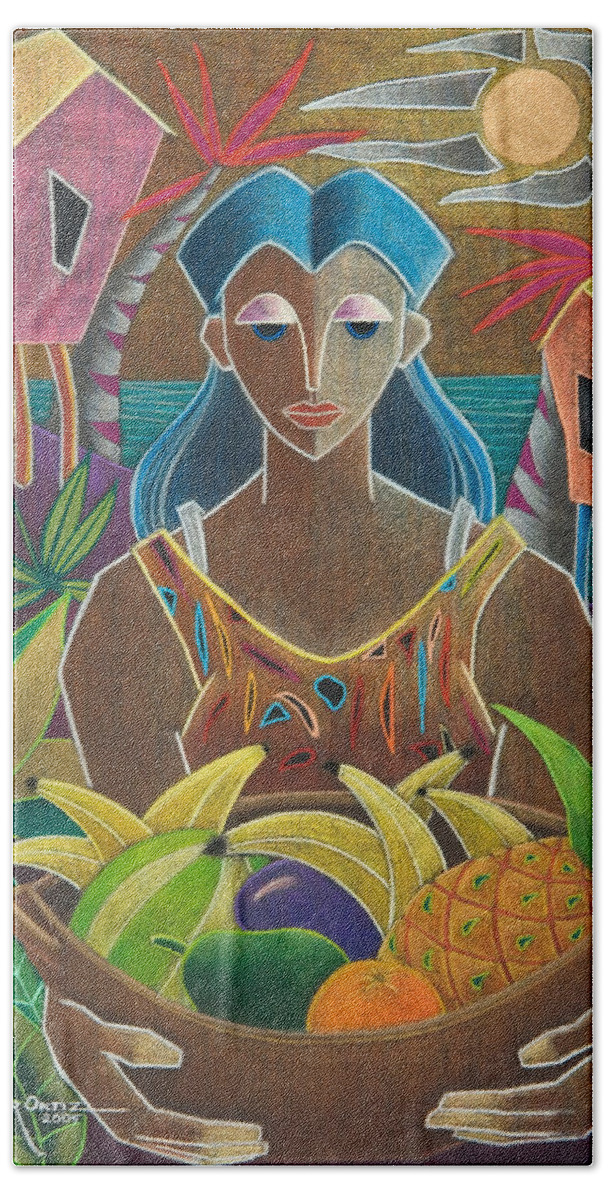 Female Bath Towel featuring the painting Ofrendas de mi tierra by Oscar Ortiz