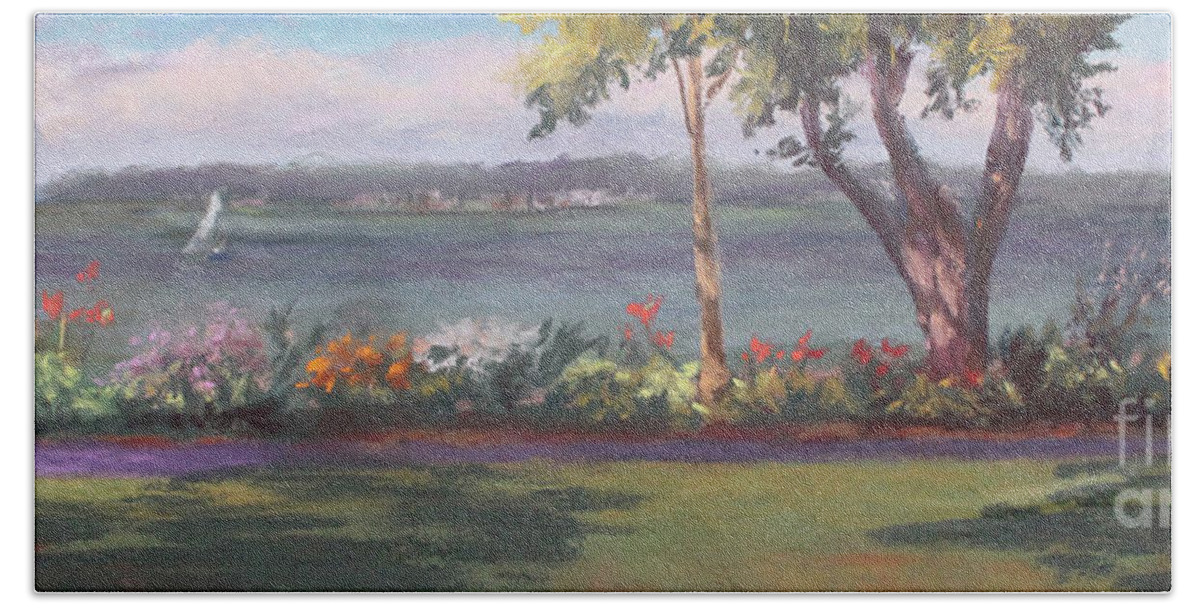 Panoramic Landscape Of Ohio's Most Beautiful Mile At Lakeside Ohio Hand Towel featuring the painting Ohio's Most Beautiful Mile by Terri Meyer