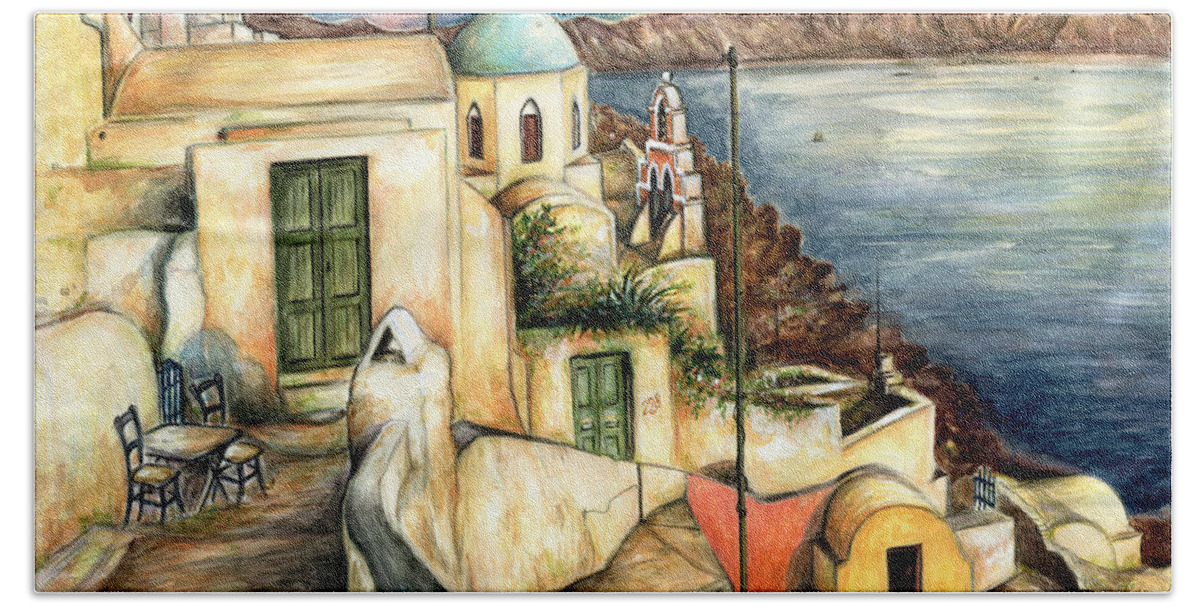 Santorini Bath Towel featuring the painting Oia Santorini Greece - Watercolor by Peter Potter