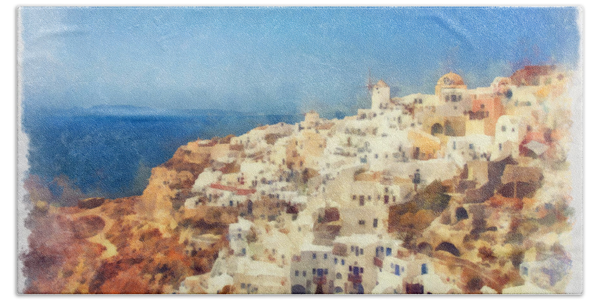 Tourism Bath Towel featuring the photograph Oia watercolour by Sophie McAulay