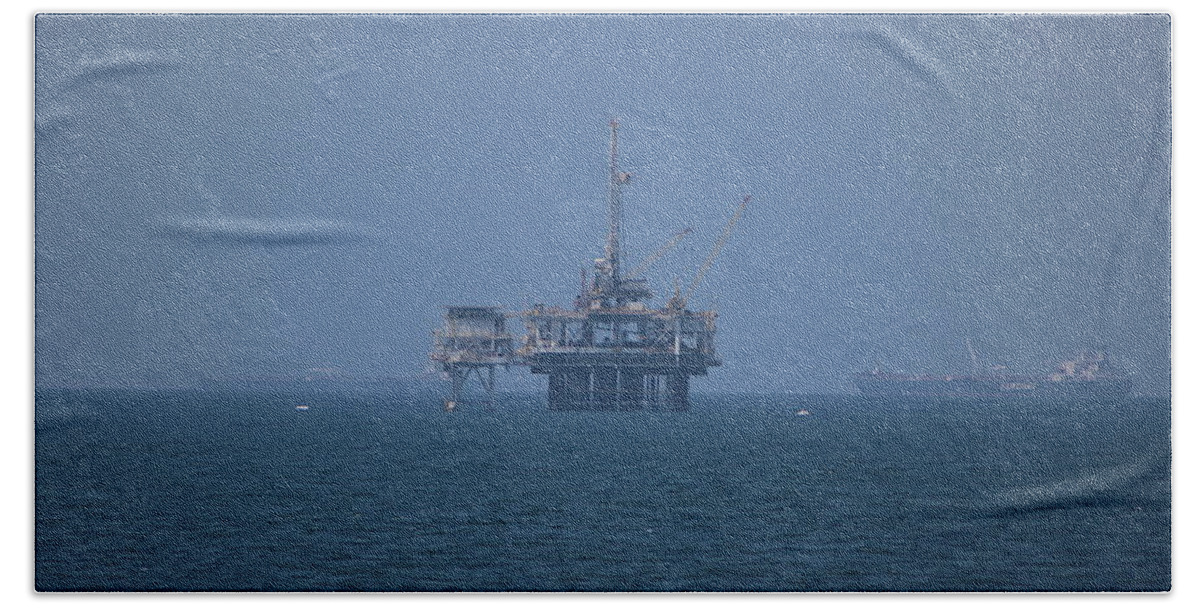 Oil Rig Bath Towel featuring the photograph Oil Rig on Pacific in Haze by Colleen Cornelius