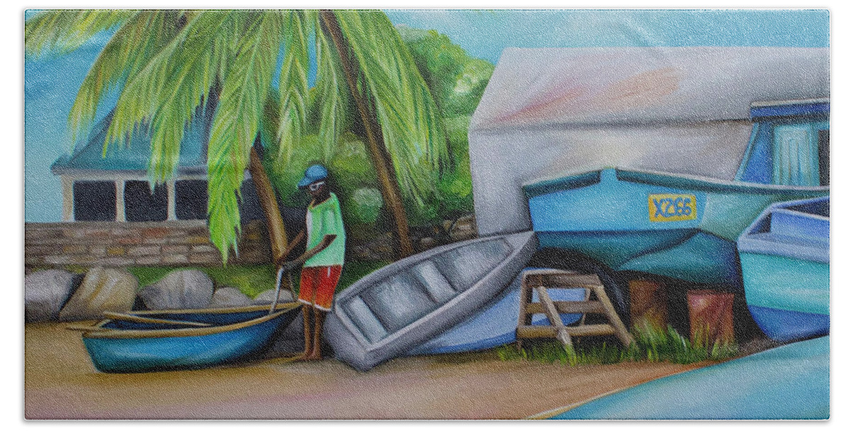 Oistins Hand Towel featuring the painting Oistins Boat Yard by Barbara Noel