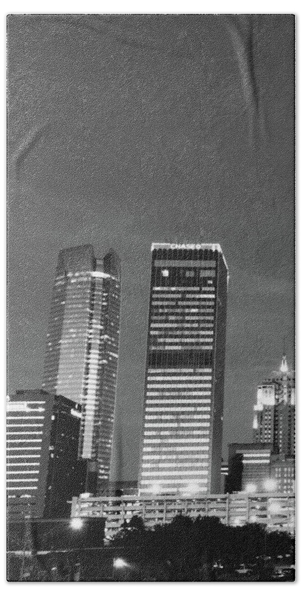 Oklahoma City Skyline Hand Towel featuring the photograph OKC Downtown Skyline Vertical - Black and White by Gregory Ballos