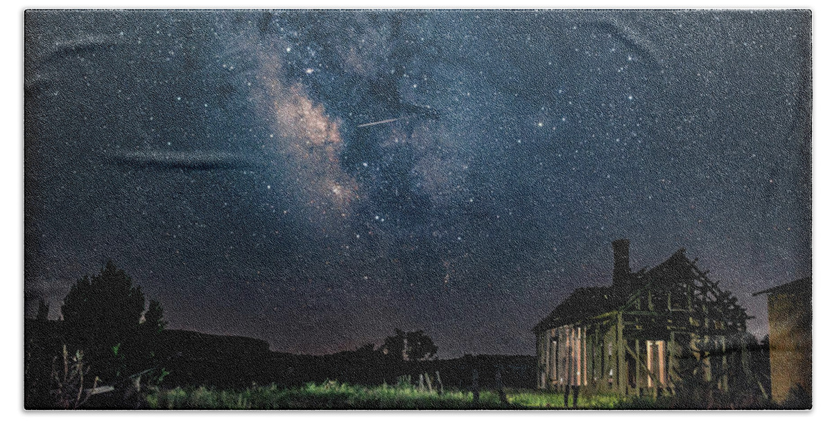 Kenton Hand Towel featuring the photograph Oklahoma Milky Way Over Old School House with Ghost Teacher by Bert Peake