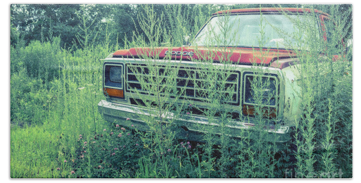 White River Junction Bath Towel featuring the photograph Old Abandoned Pickup Truck in the Weeds by Edward Fielding