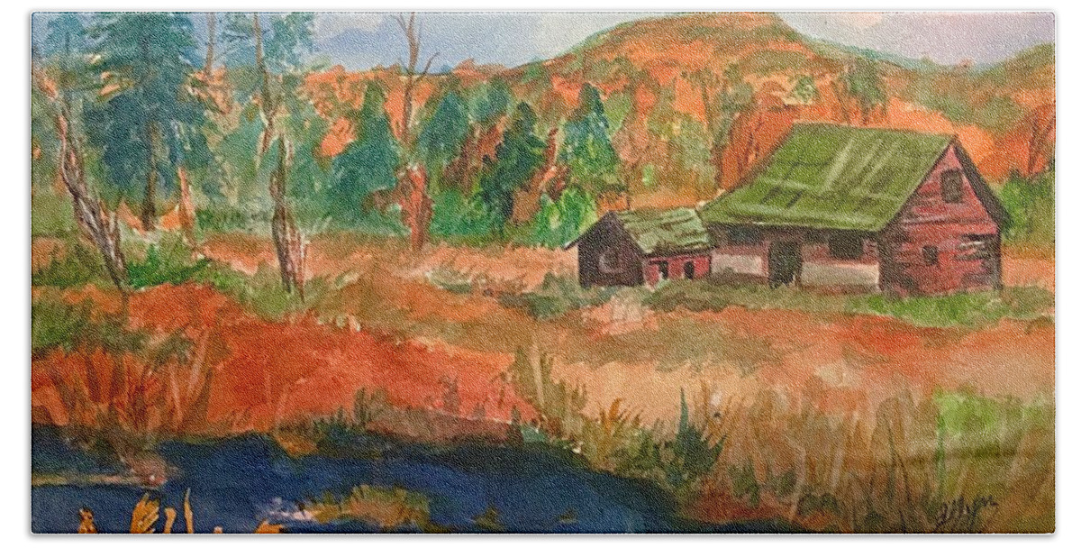 Red Barn Hand Towel featuring the painting Old Barn and Catskill Mountains by Ellen Levinson