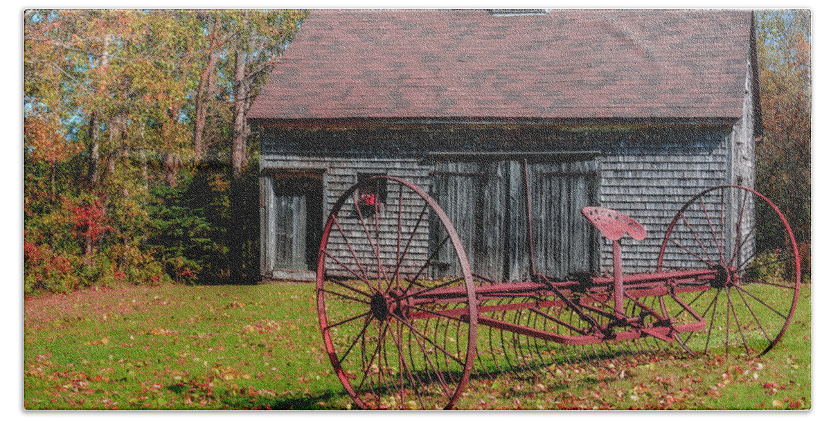 Agriculture Bath Towel featuring the photograph Old Barn and Rusty Farm Implement 02 by Ken Morris