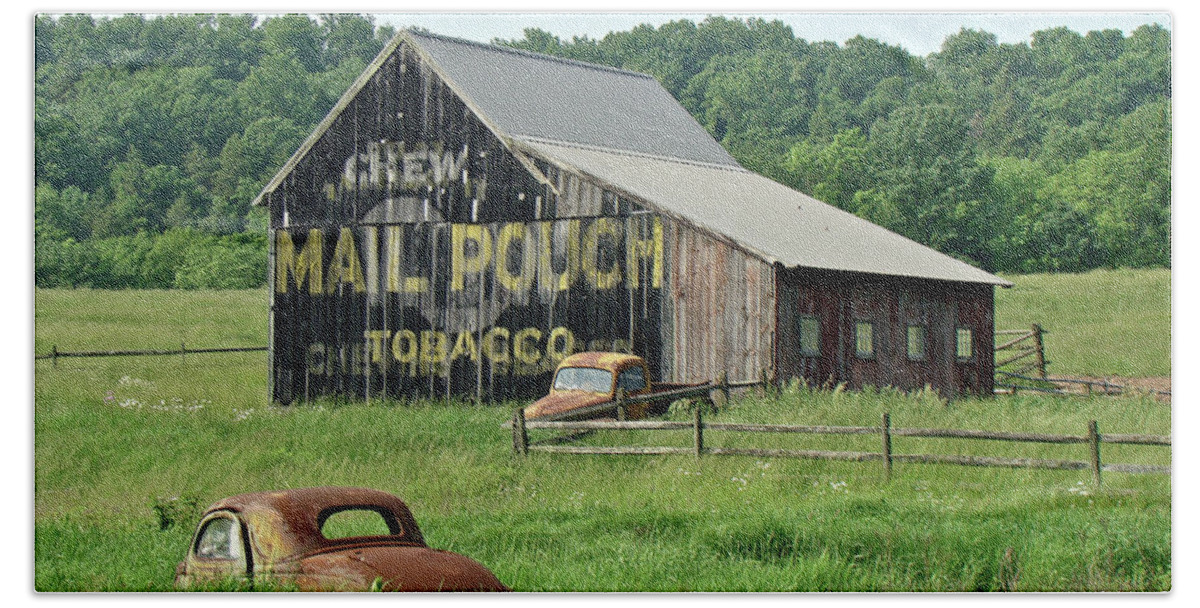 Old Bath Towel featuring the photograph Old Barn Mail Pouch Tobacco Advertising by Carol Senske