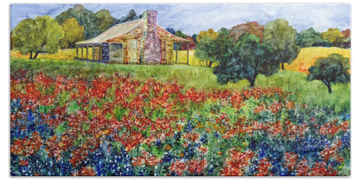 Bluebonnet Hand Towel featuring the painting Old Baylor Park by Hailey E Herrera