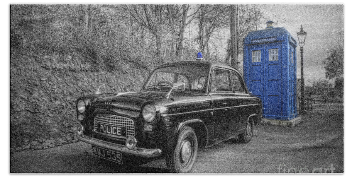 Art Hand Towel featuring the photograph Old British Police Car And Tardis by Yhun Suarez