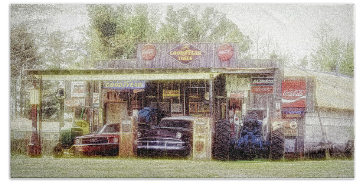 Old Store Bath Towel featuring the digital art Old building with old Vehicles by Bonnie Willis