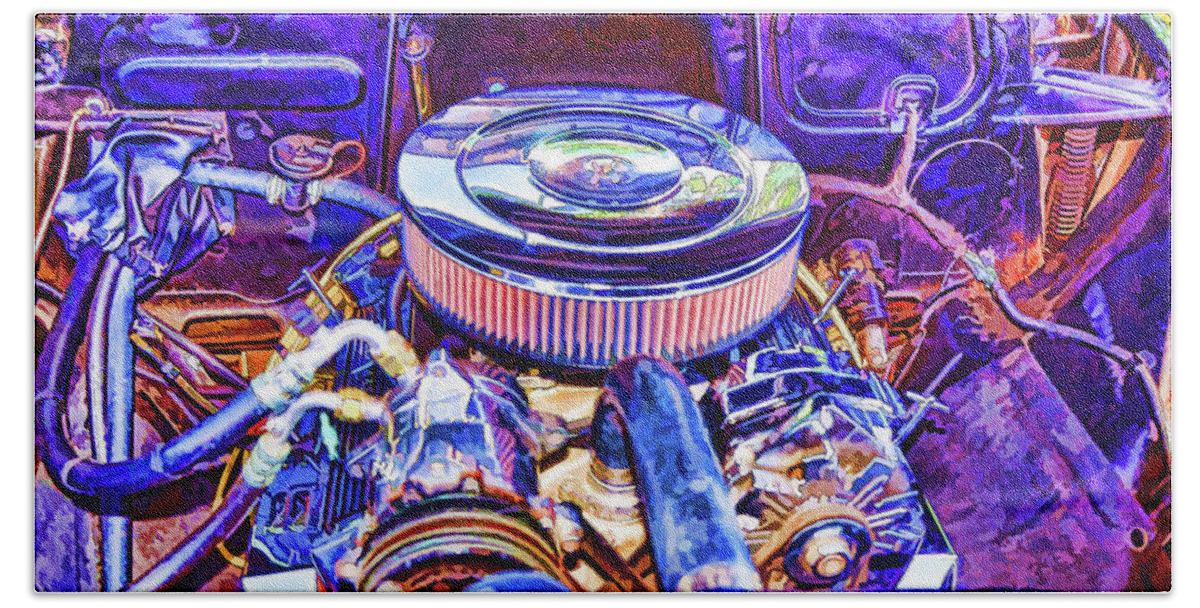 Old Engine Of American Car Hand Towel featuring the painting Old Engine of American Car by Jeelan Clark