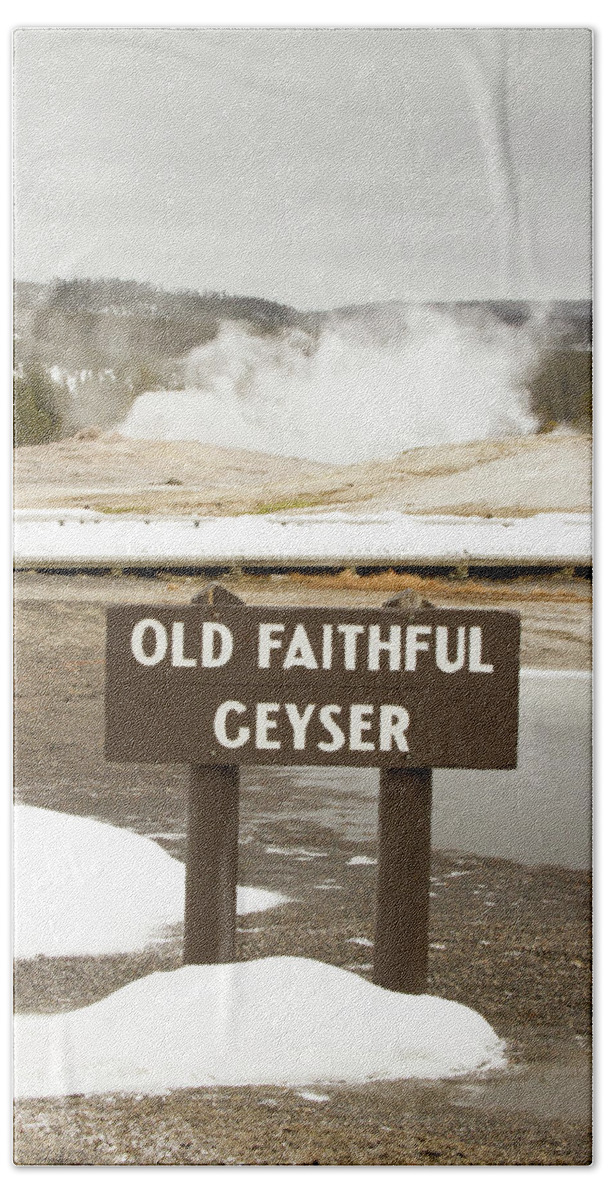 America Bath Towel featuring the photograph Old Faithful Geyser with sign, Yellowstone National Park, Wyomin by Karen Foley