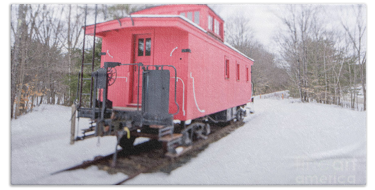 Red Bath Towel featuring the photograph Old Red Caboose in Winter Tilt Shift by Edward Fielding