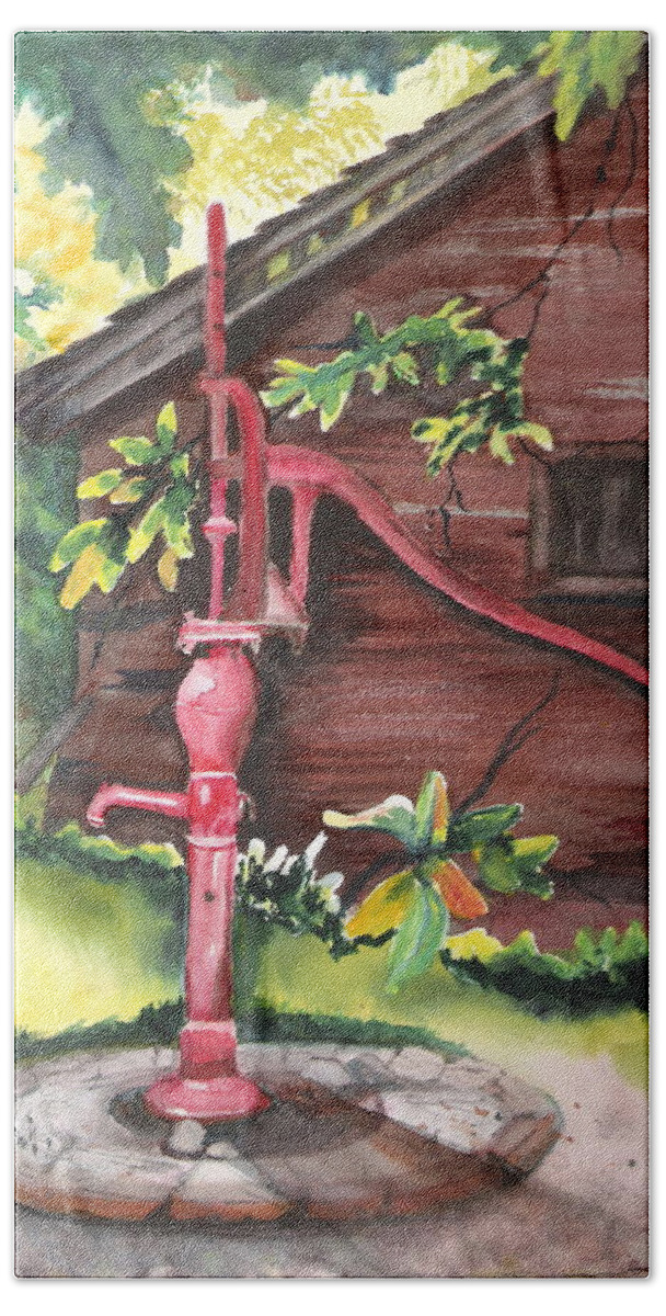 Red Hand Towel featuring the painting Old Red Pump by Marsha Woods